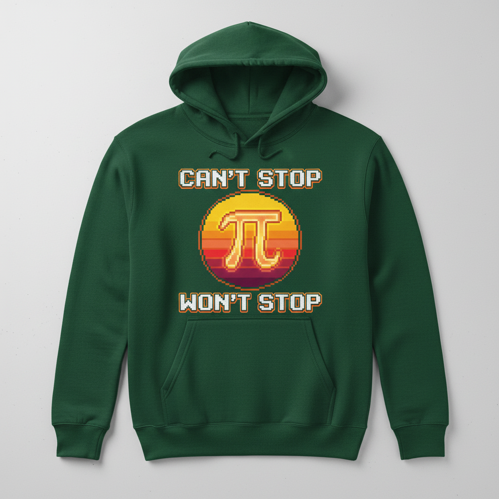 Can't Stop Won't Stop Pi Symbol Retro 8-Bit Math Pun Hoodie - Forest Green