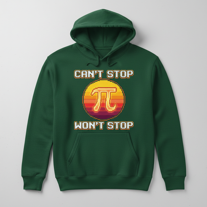 Can't Stop Won't Stop Pi Symbol Retro 8-Bit Math Pun Hoodie - Forest Green