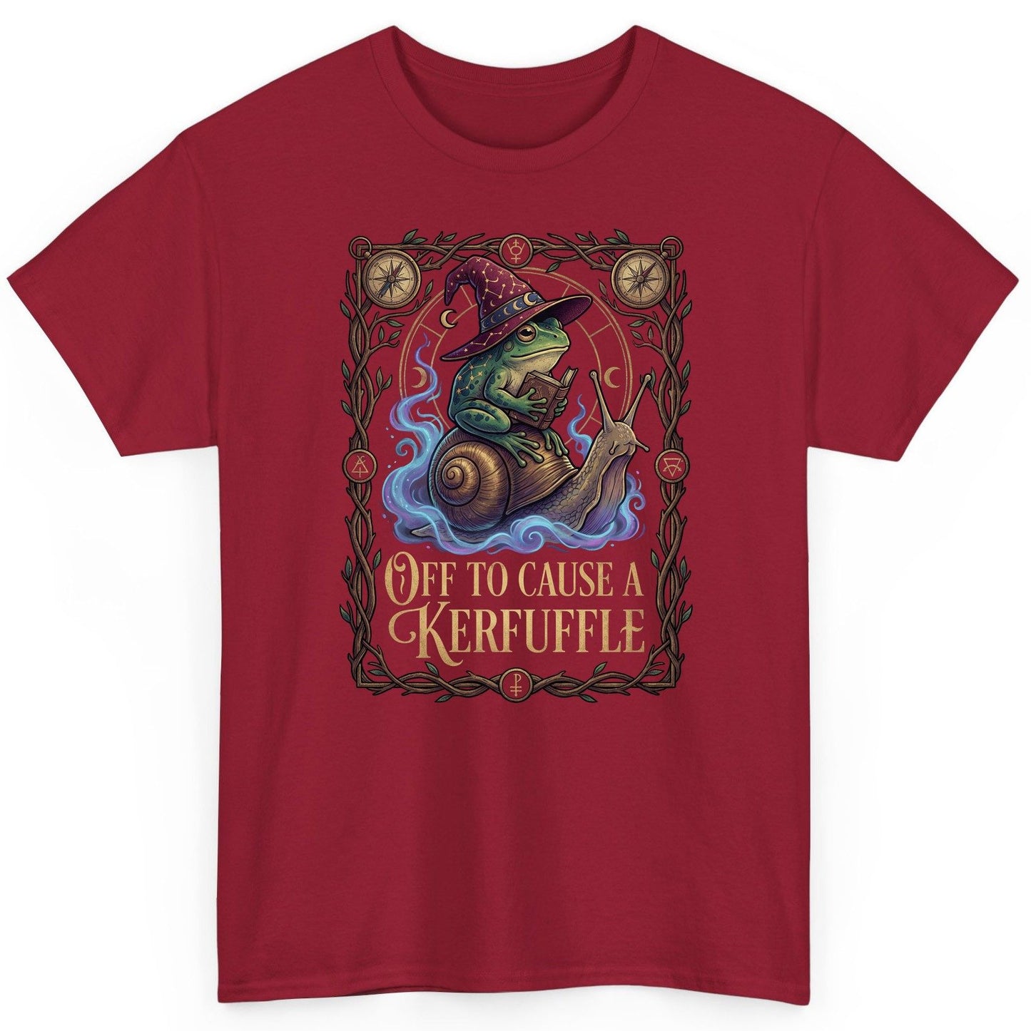 Off to Cause a Kerfuffle frog wizard T-Shirt Cardinal Red product mockup