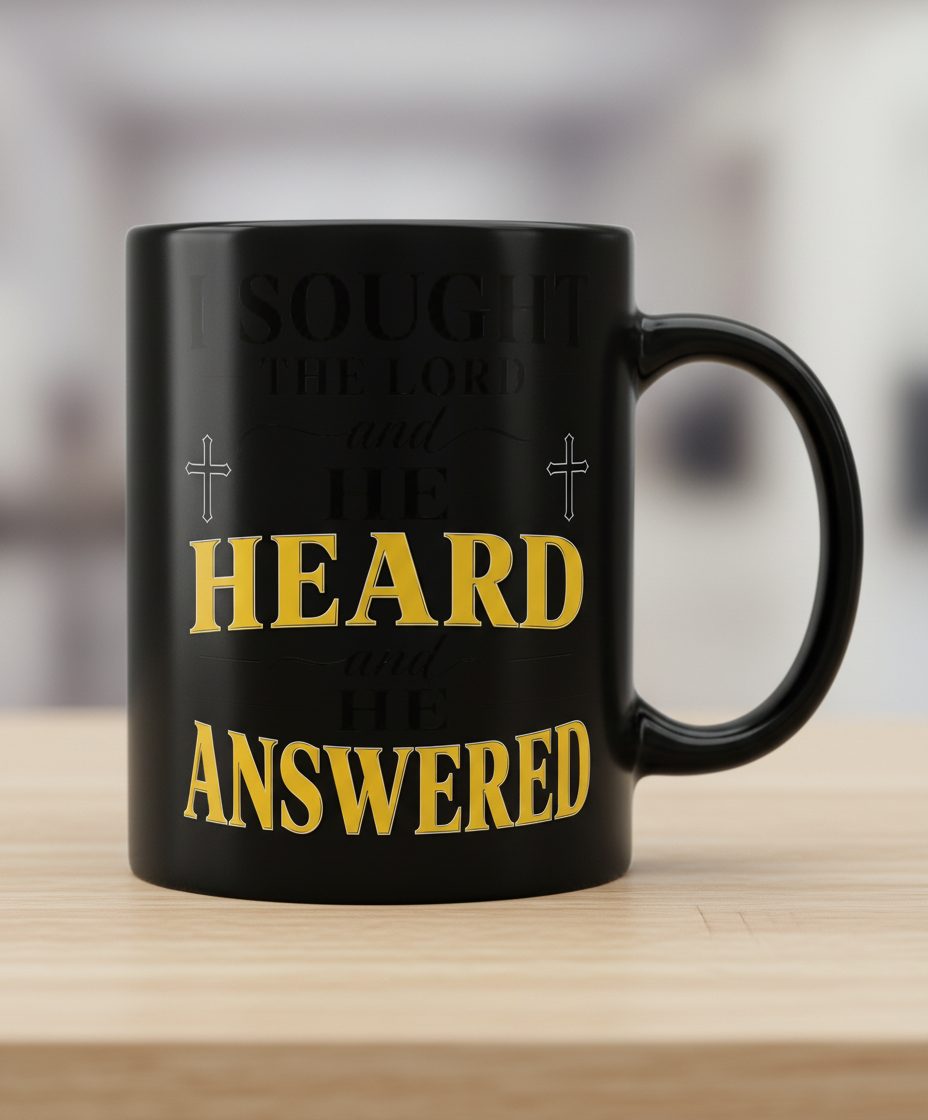 I SOUGHT THE LORD and HE HEARD and HE Answered Black Mug - product mockup - Black