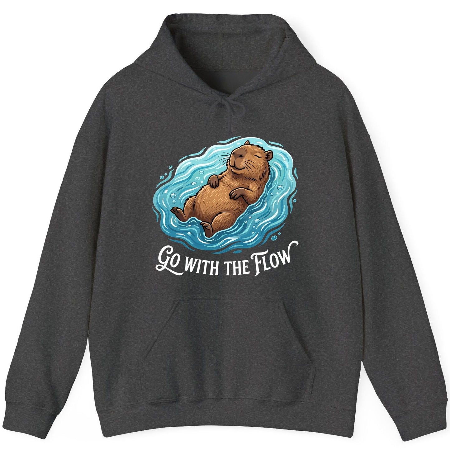 Go WITH THE Flow Funny Capybara Hoodie - product mockup - Dark Heather
