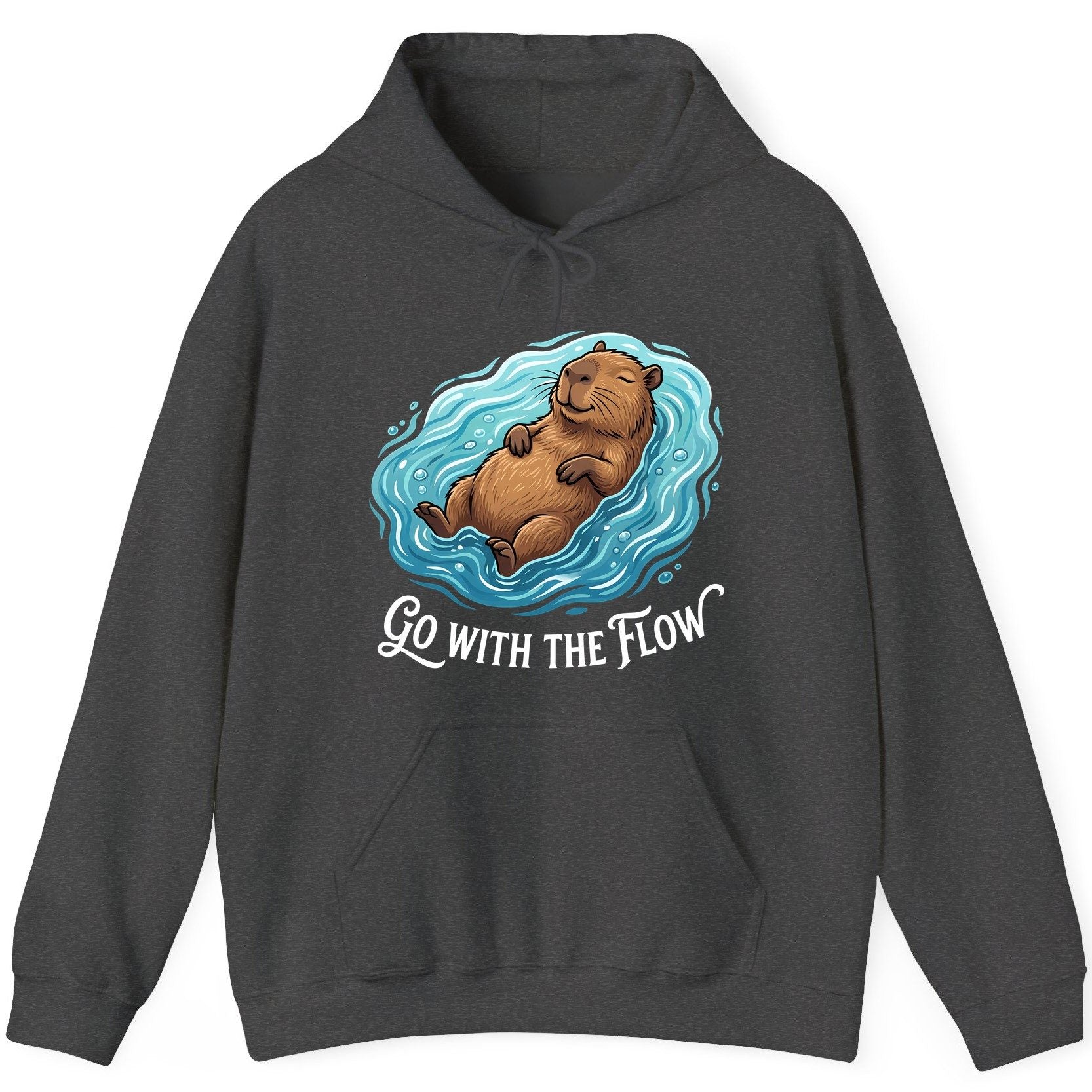 Go WITH THE Flow Funny Capybara Hoodie - product mockup - Dark Heather