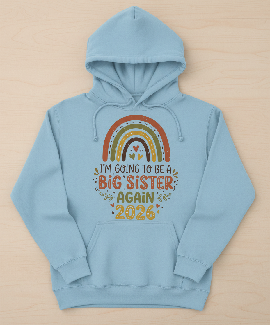I'm Going to Be a Big Sister Again 2026 Boho Rainbow Announcement Hoodie - Light Blue