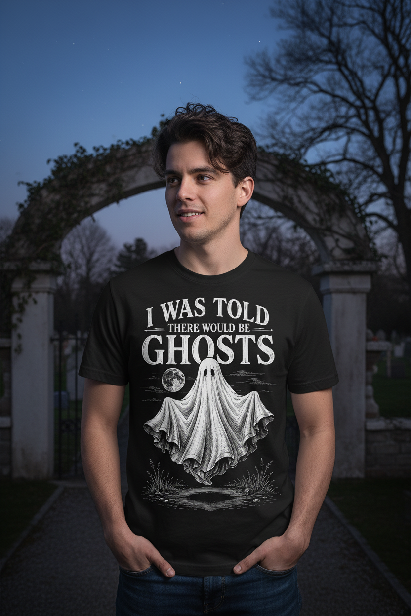 Funny I Was Told There Would Be Ghosts T-Shirt - lifestyle model mockup - Black