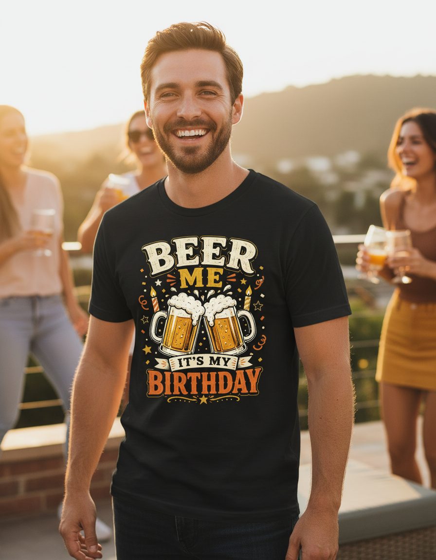 Beer Me It's My Birthday Funny T-Shirt - lifestyle model mockup - Black