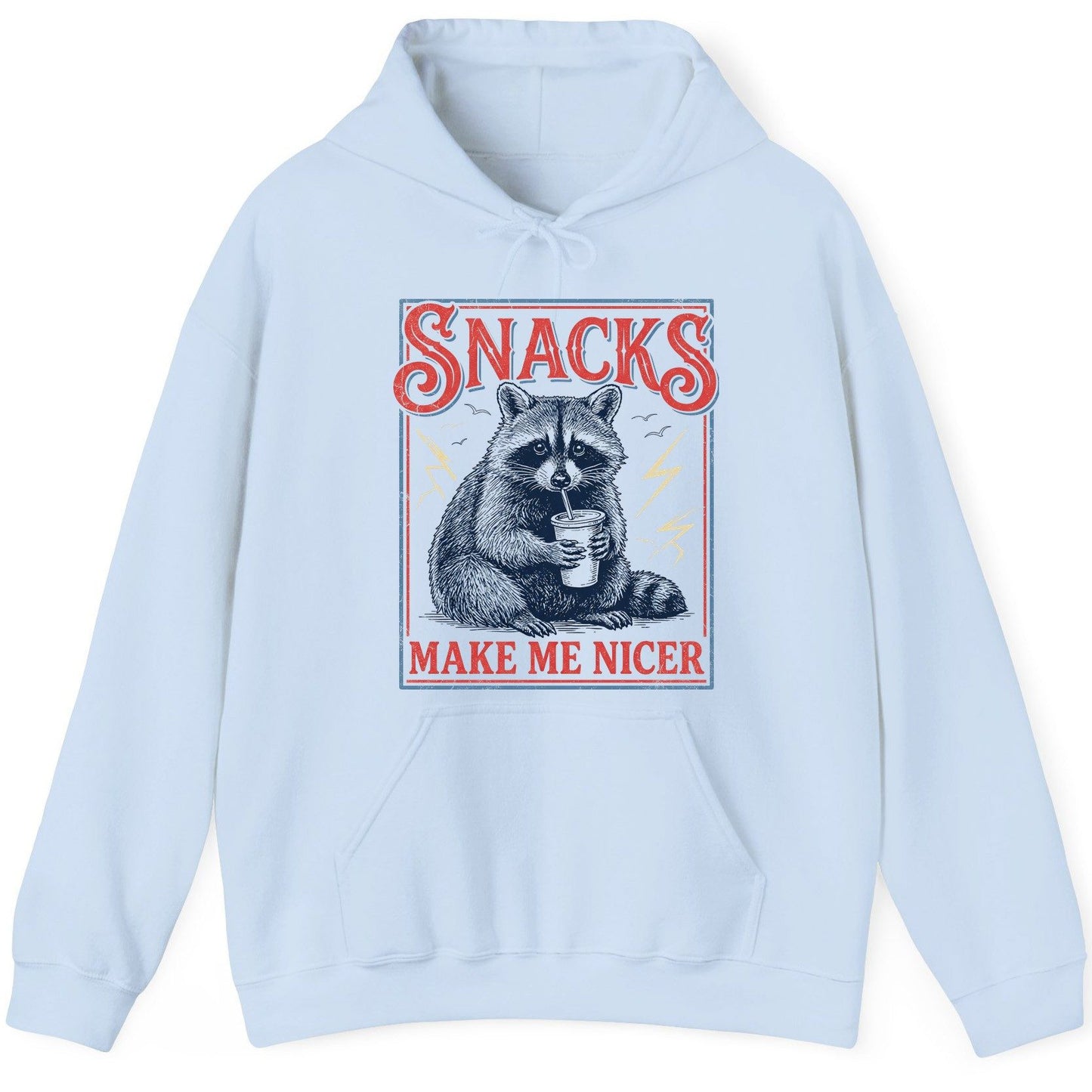 SNACKS MAKE ME NICER Funny Raccoon Hoodie - product mockup - Light Blue