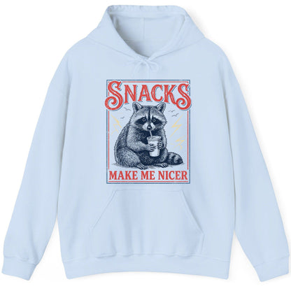 SNACKS MAKE ME NICER Funny Raccoon Hoodie - product mockup - Light Blue