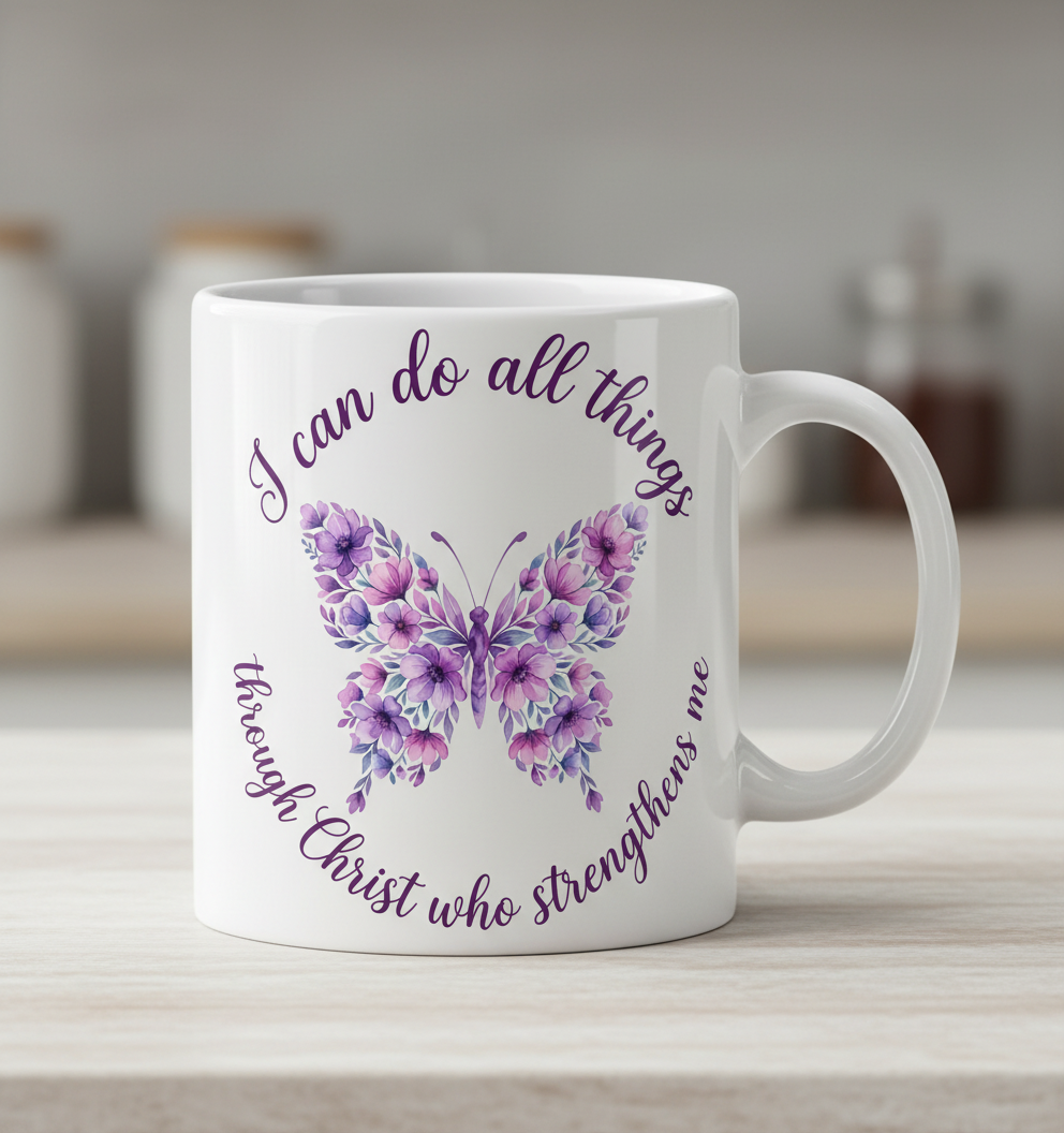 Floral Butterfly 'I can do all things through Christ' Bible Verse White Mug - White
