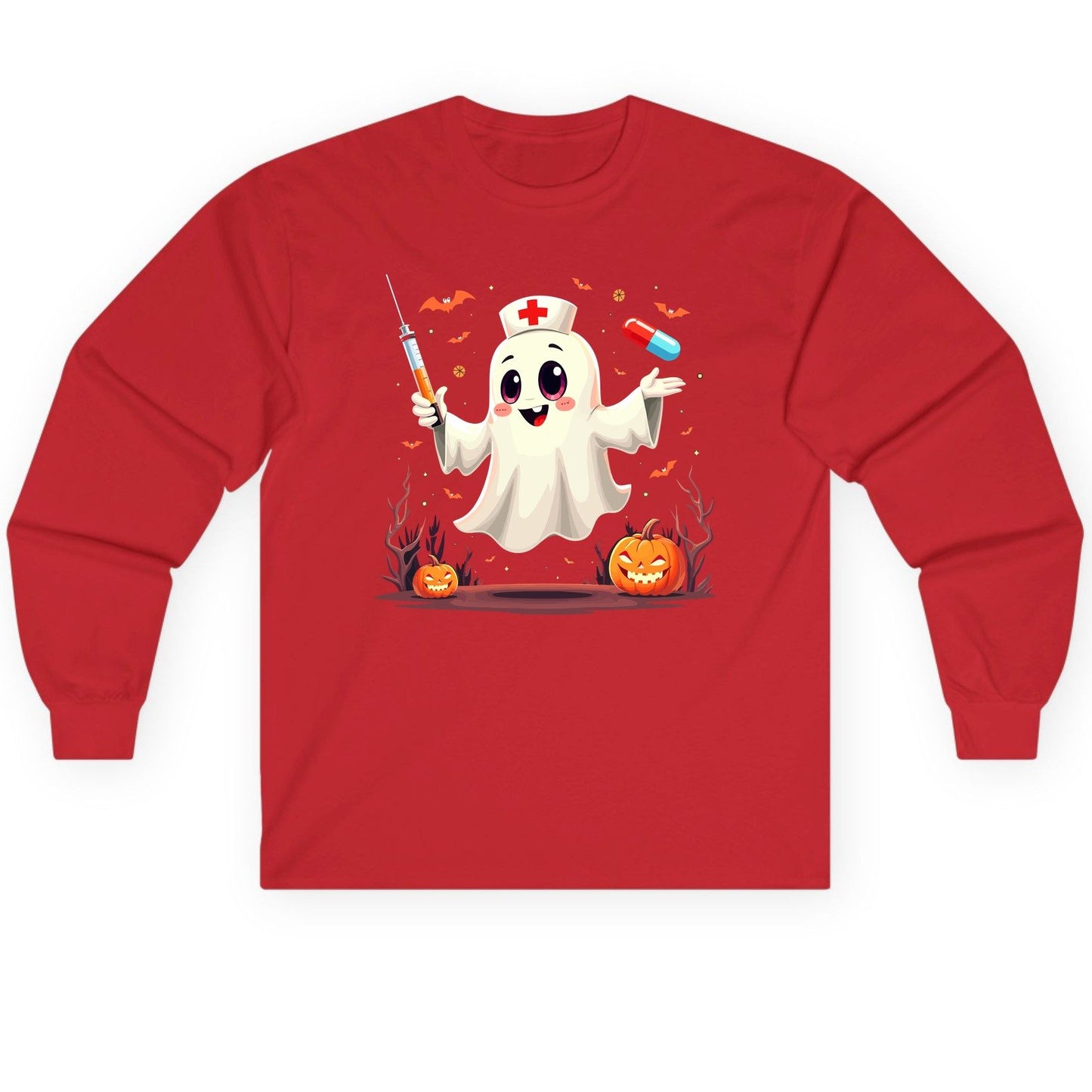 Cute Ghost Nurse Halloween ghost nurse Long Sleeve Tee Red product mockup