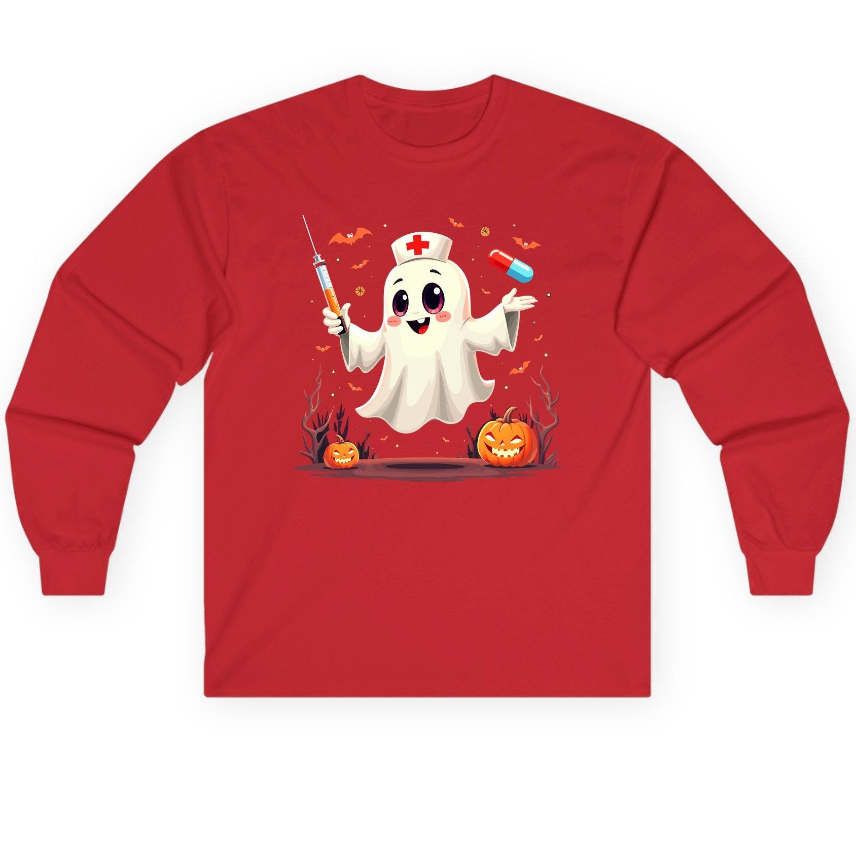 Cute Ghost Nurse Halloween ghost nurse Long Sleeve Tee Red product mockup