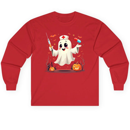 Cute Ghost Nurse Halloween ghost nurse Long Sleeve Tee Red product mockup
