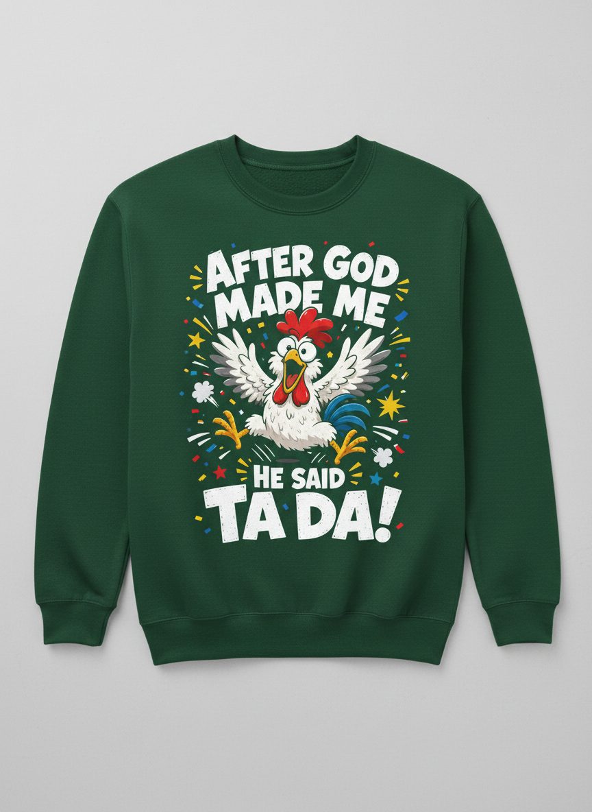 After God Made Me He Said Ta Da Funny Rooster Sweatshirt - product mockup - Forest Green