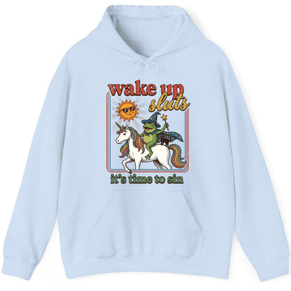 Wake Up Sluts It's Time to Sin Funny Wizard Frog Hoodie - product mockup - Light Blue