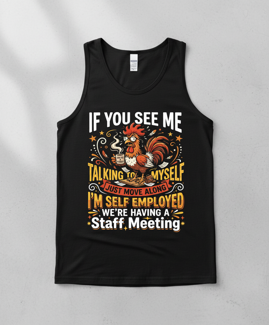 Funny Self-Employed Staff Meeting Rooster Design Tank Top - Black