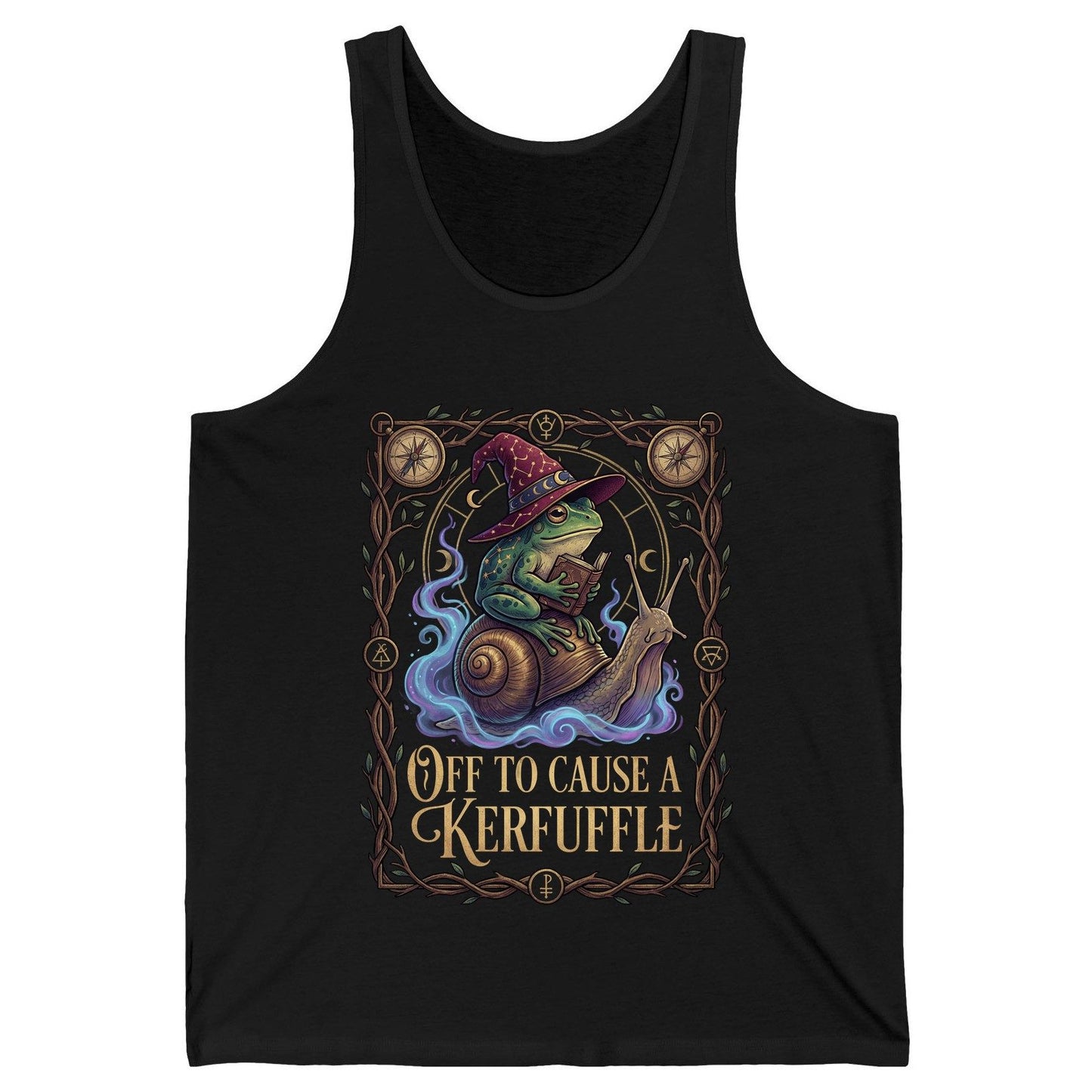 Off to Cause a Kerfuffle frog wizard Tank Top Black product mockup