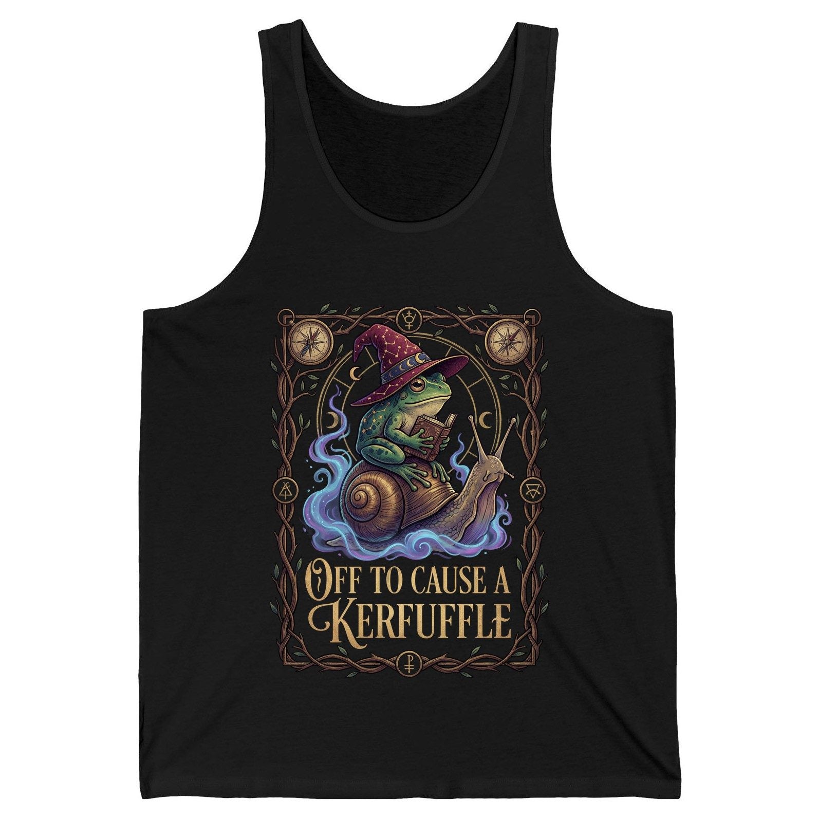 Off to Cause a Kerfuffle frog wizard Tank Top Black product mockup