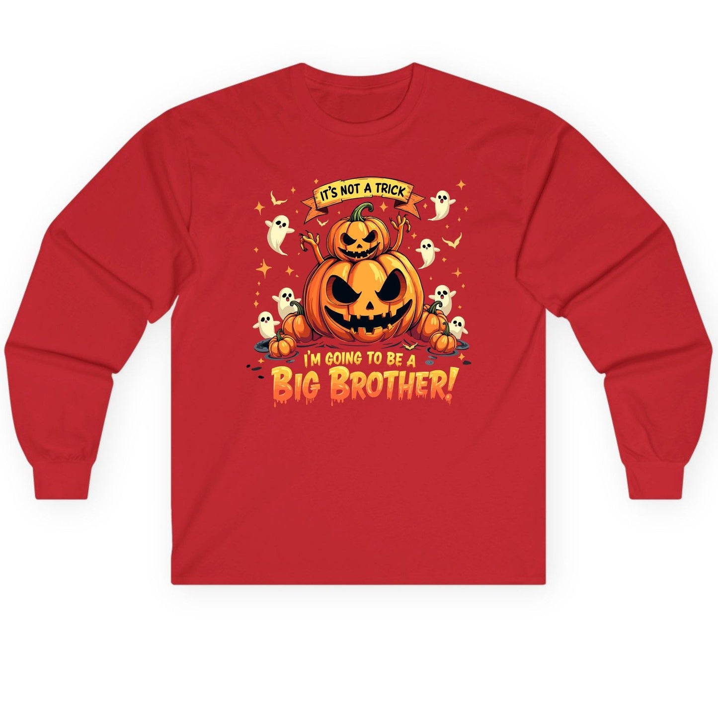 It's Not a Trick I'm Going to Be a Big Brother! Halloween big brother announcement Long Sleeve Tee Red product mockup