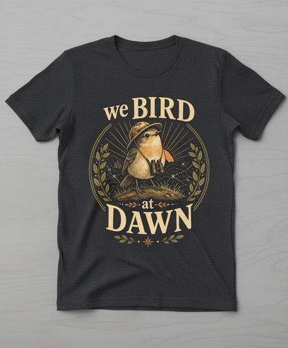 Funny We Bird At Dawn T-Shirt - product mockup - Dark Heather