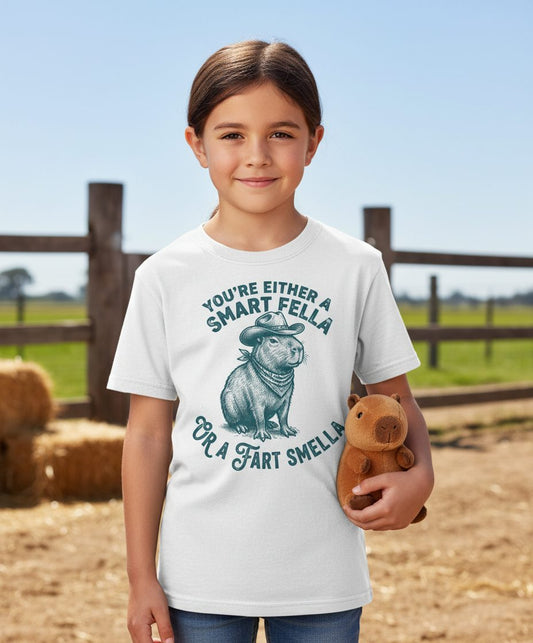 You're Either a Smart Fella or a Fart Smella capybara Youth T-Shirt White lifestyle mockup