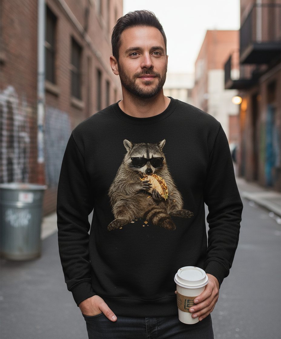 Raccoon Eating Taco Funny Animal Lovers Sweatshirt - lifestyle model mockup - Black