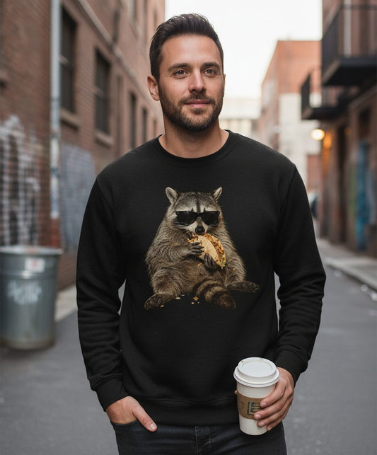 Raccoon Eating Taco Funny Animal Lovers Sweatshirt - lifestyle model mockup - Black