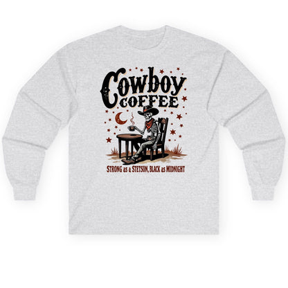 Cowboy Coffee Strong as a Stetson, Black as Midnight cowboy skeleton Long Sleeve Tee Ash product mockup