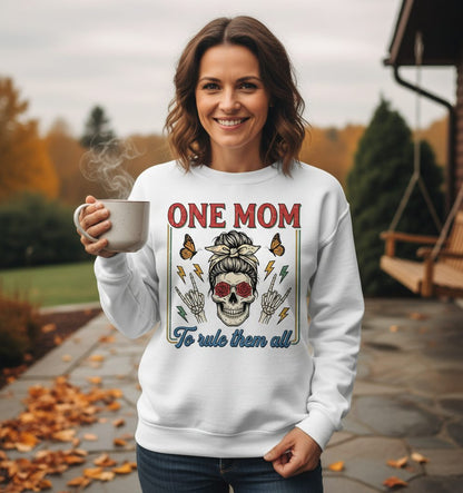 ONE MOM to Rule Them All Funny Skull Sweatshirt - lifestyle model mockup - White