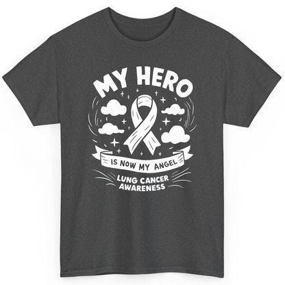 My Hero Is Now My Angel Lung Cancer Awareness lung cancer awareness T-Shirt Dark Heather product mockup