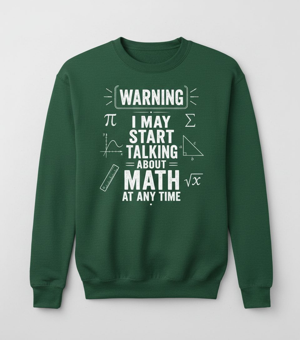 Warning I May Start Talking About Math at Any Time Funny Teachers Sweatshirt - product mockup - Forest Green