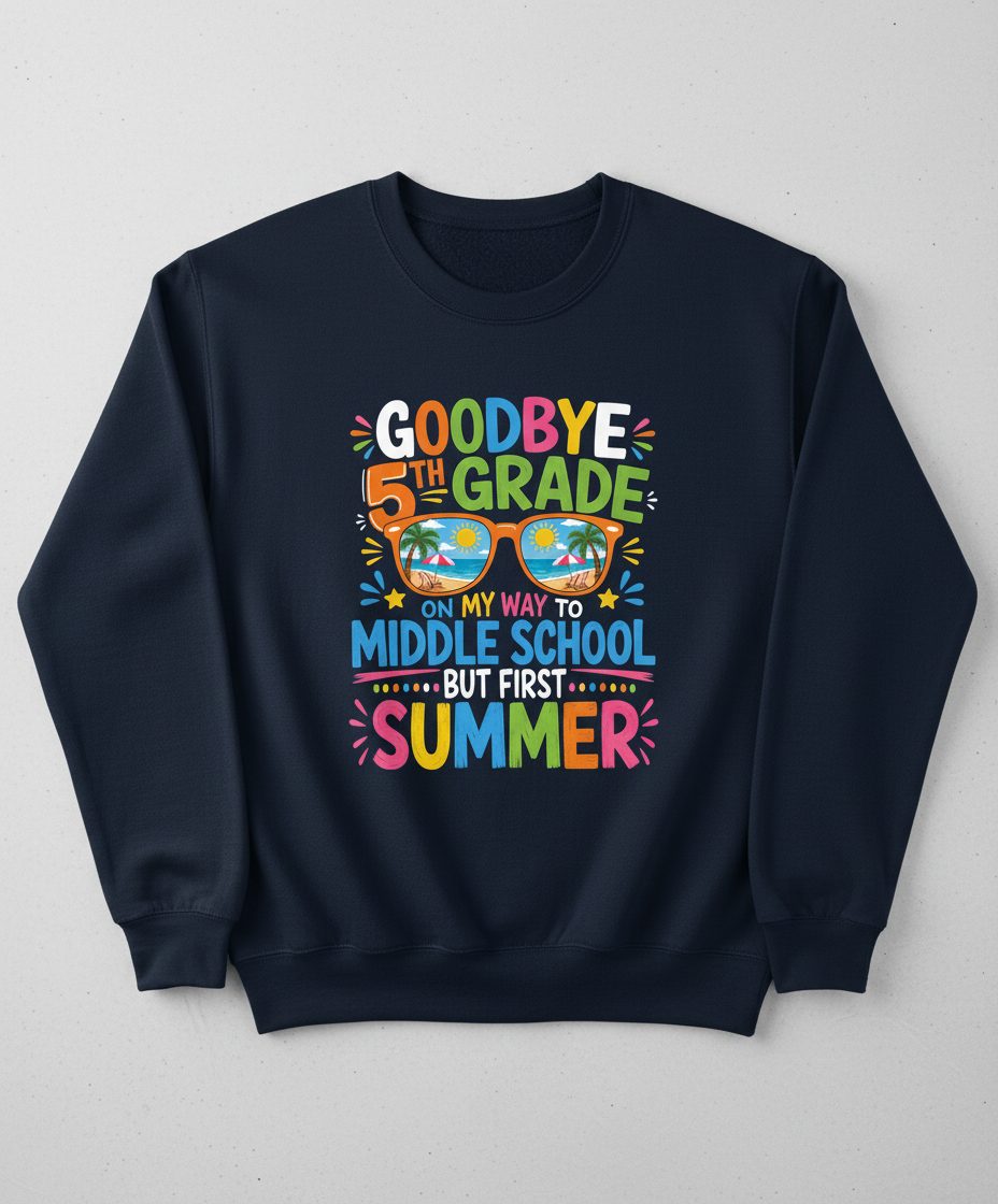 Goodbye 5th Grade on My Way to Middle School but First Sweatshirt - product mockup - Navy