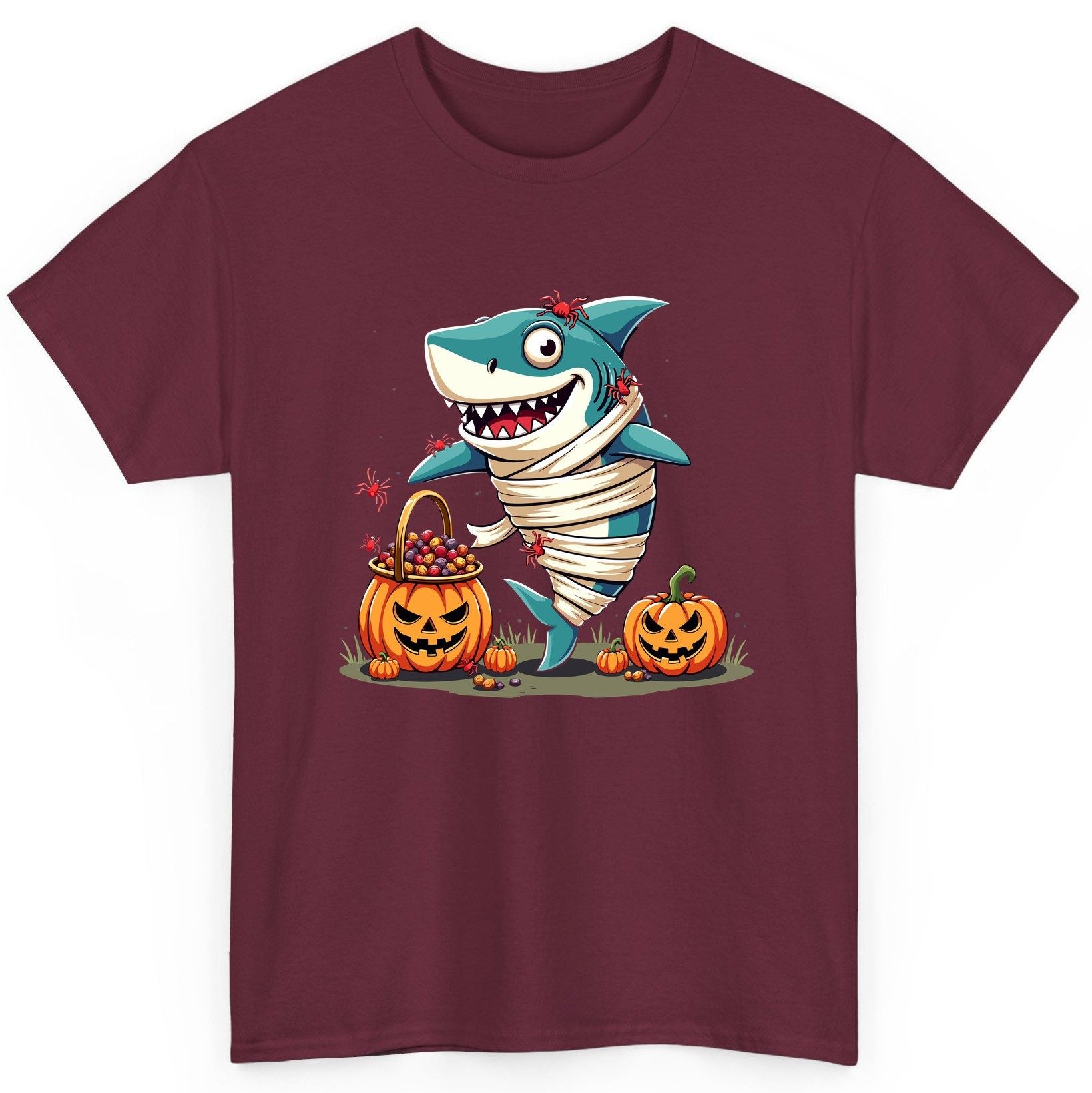 Mummy Shark Halloween shark T-Shirt Maroon product mockup