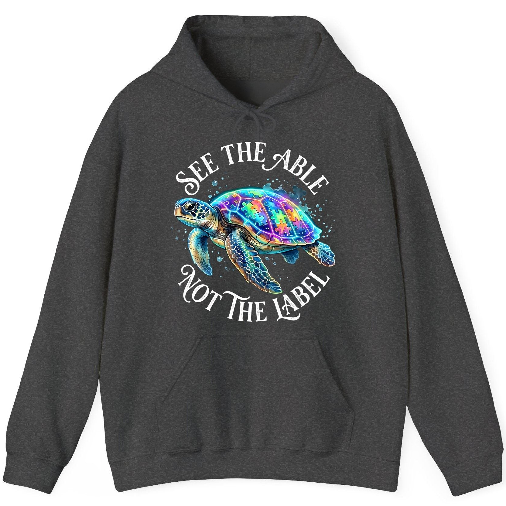 See the Able Not the Label Autism Awareness Hoodie - product mockup - Dark Heather