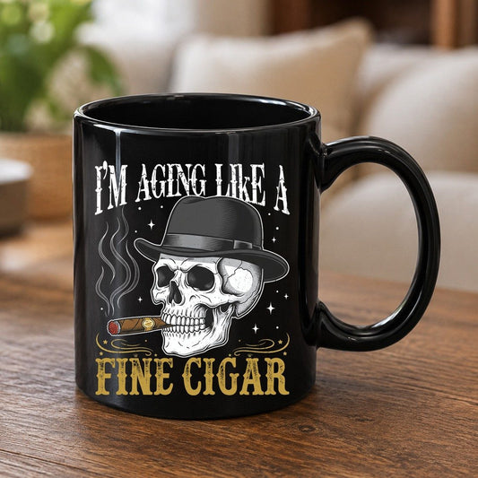 I'm Aging Like a Fine Cigar smoking skull Black Mug Black product mockup