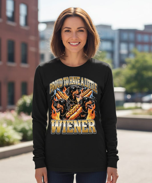 Proud to Have a Little Wiener dachshund Long Sleeve Tee Black lifestyle mockup