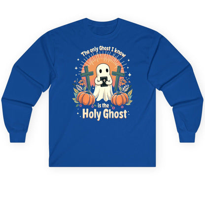 The Only Ghost I Know Is the Holy Ghost christian Halloween Long Sleeve Tee Royal product mockup