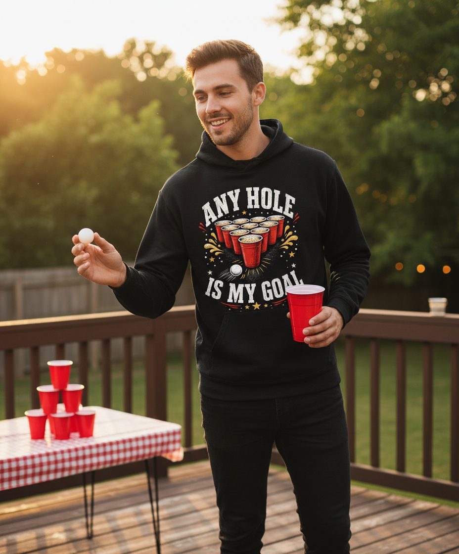 Any Hole Is My Goal Funny Beer Pong Hoodie - lifestyle model mockup - Black
