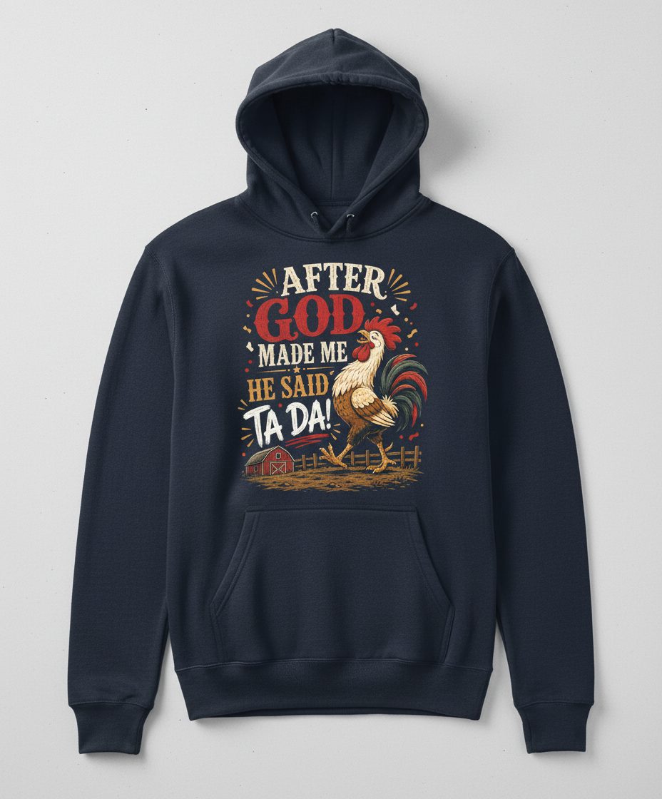 AFTER GOD MADE ME HE SAID TA DA Funny Rooster Hoodie - product mockup - Navy
