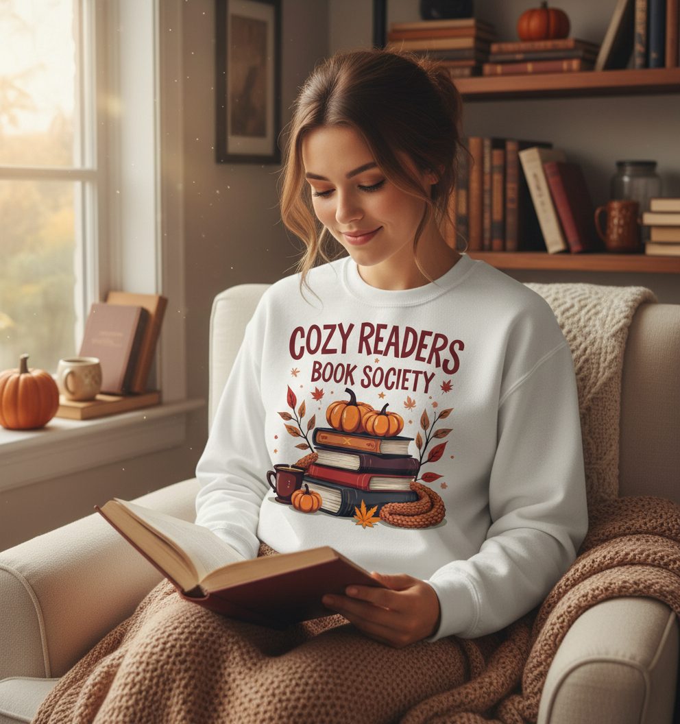 Cozy Readers Book Society reading Sweatshirt White lifestyle mockup