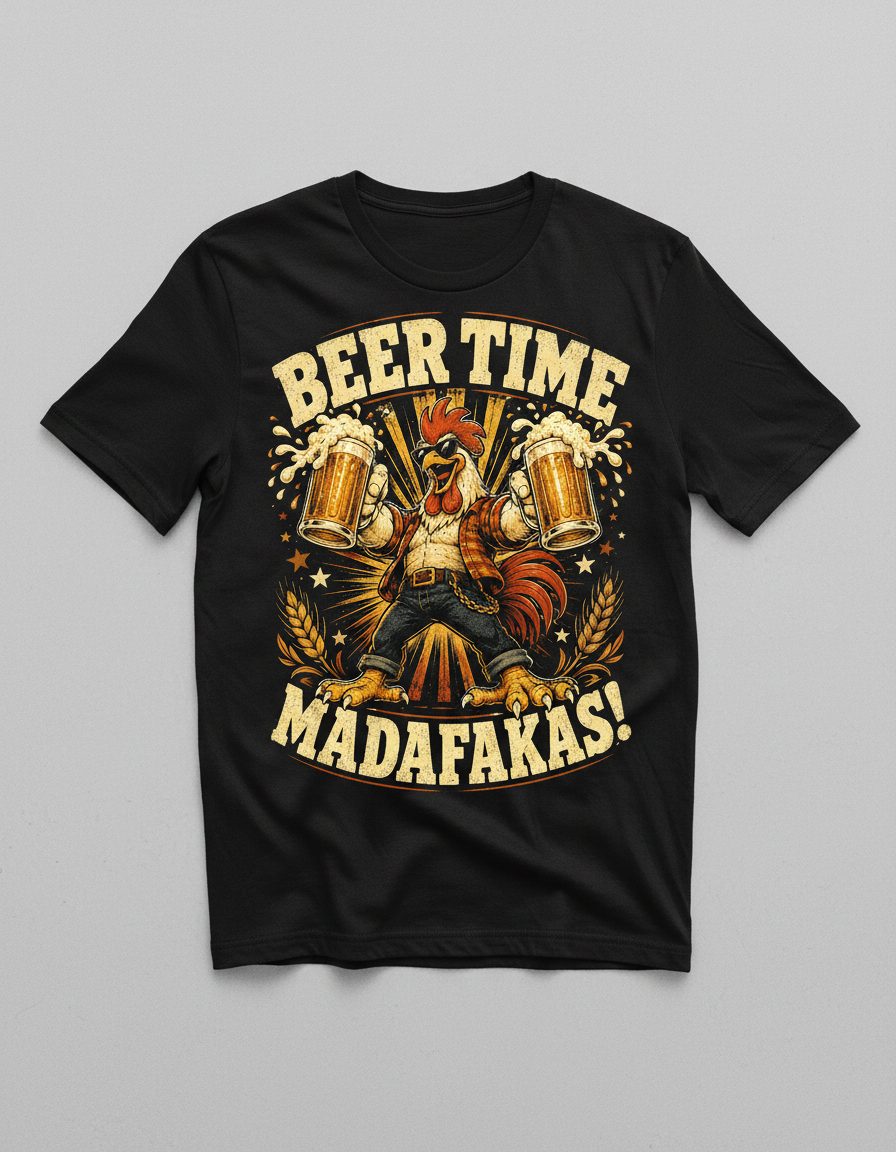 Beer Time Madafakas Funny Rooster T-Shirt - product mockup - Black