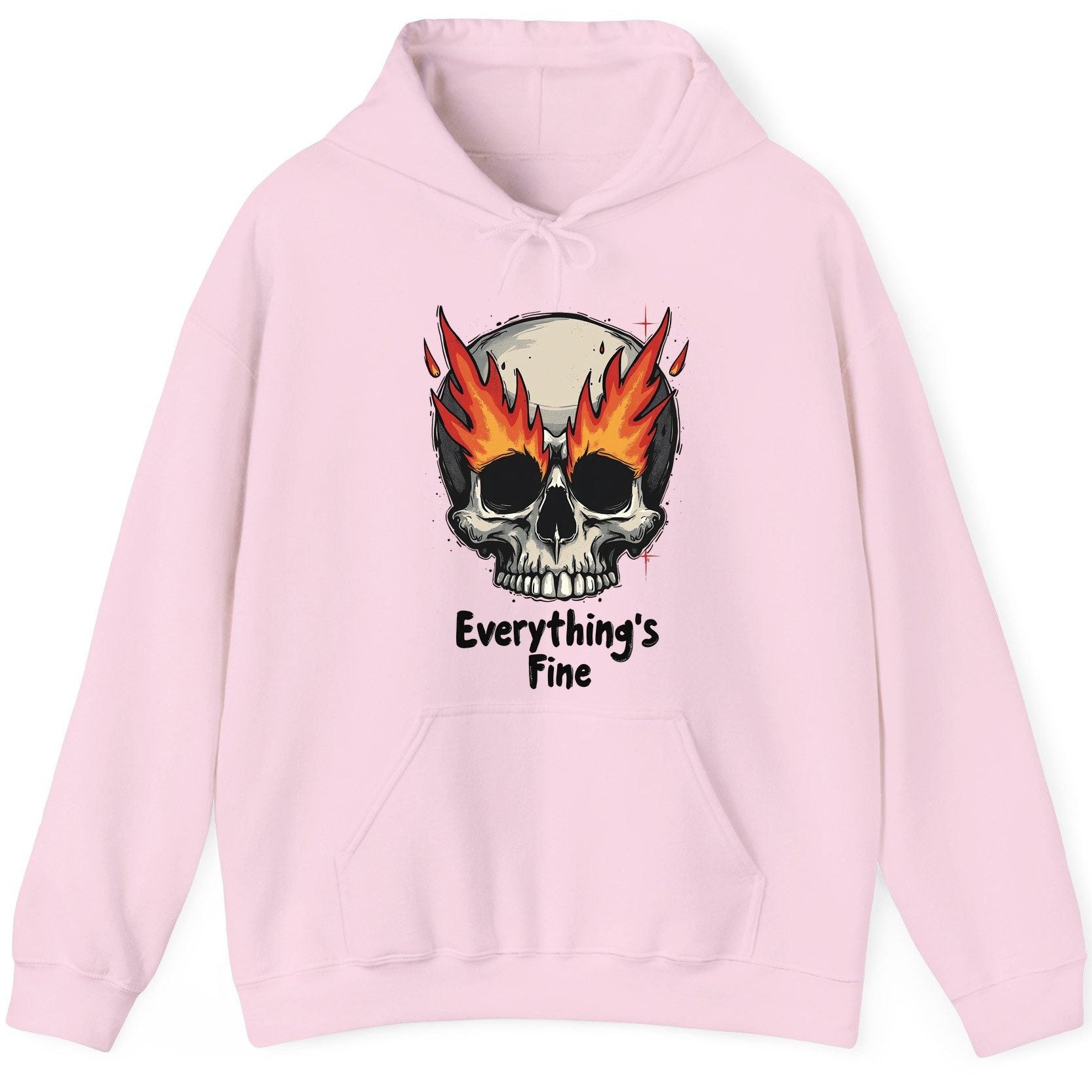 Everything's Fine flaming skull Hoodie Light Pink product mockup