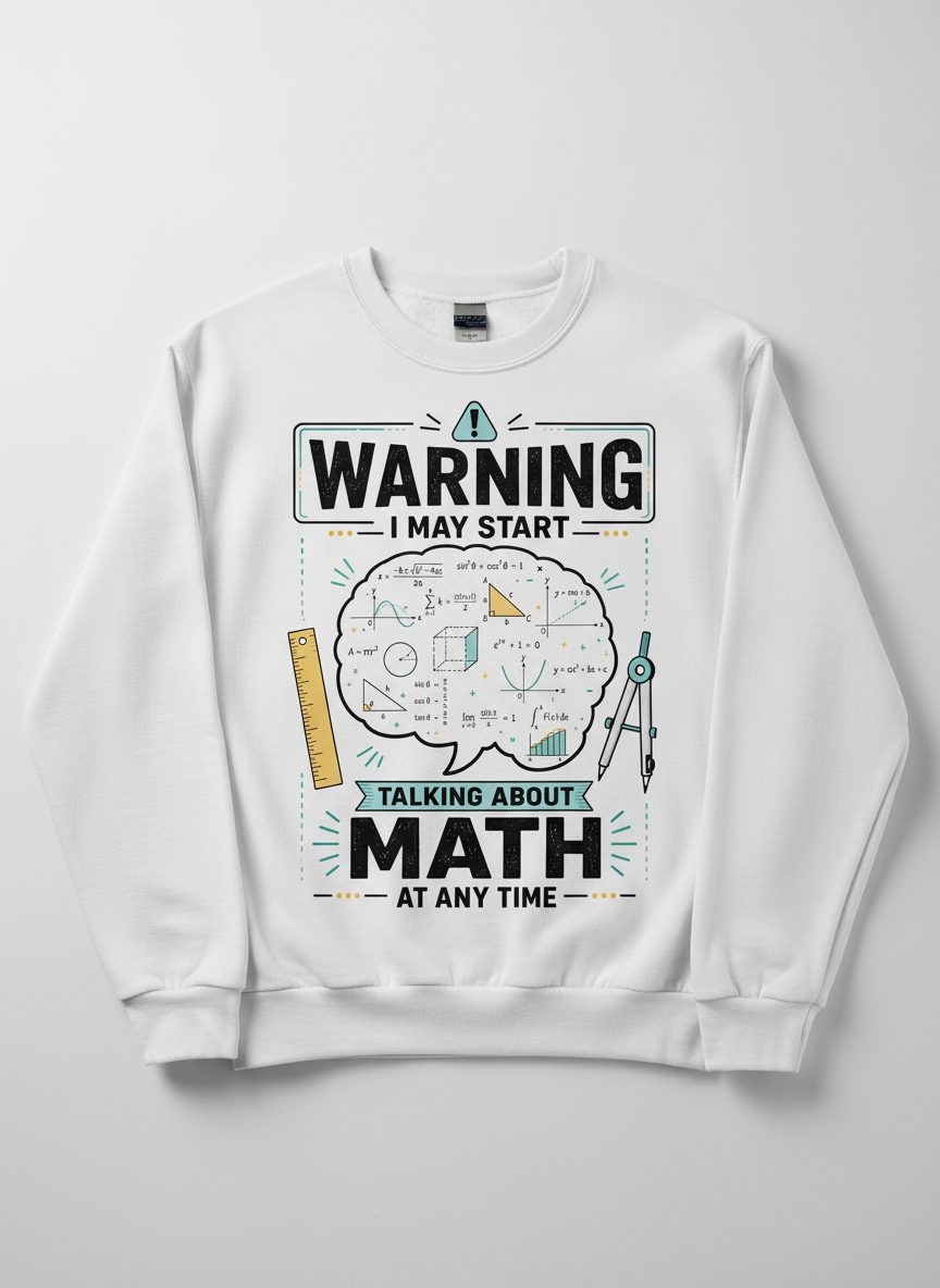 Warning I May Start Talking About Math at Any Time Funny Teachers Sweatshirt - product mockup - White