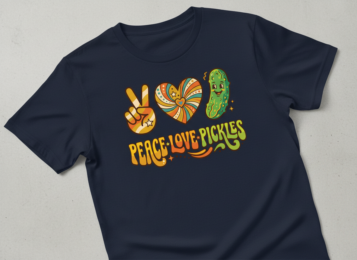 Peace Love Pickles Retro 70s Hippie Design T-Shirt - Navy
