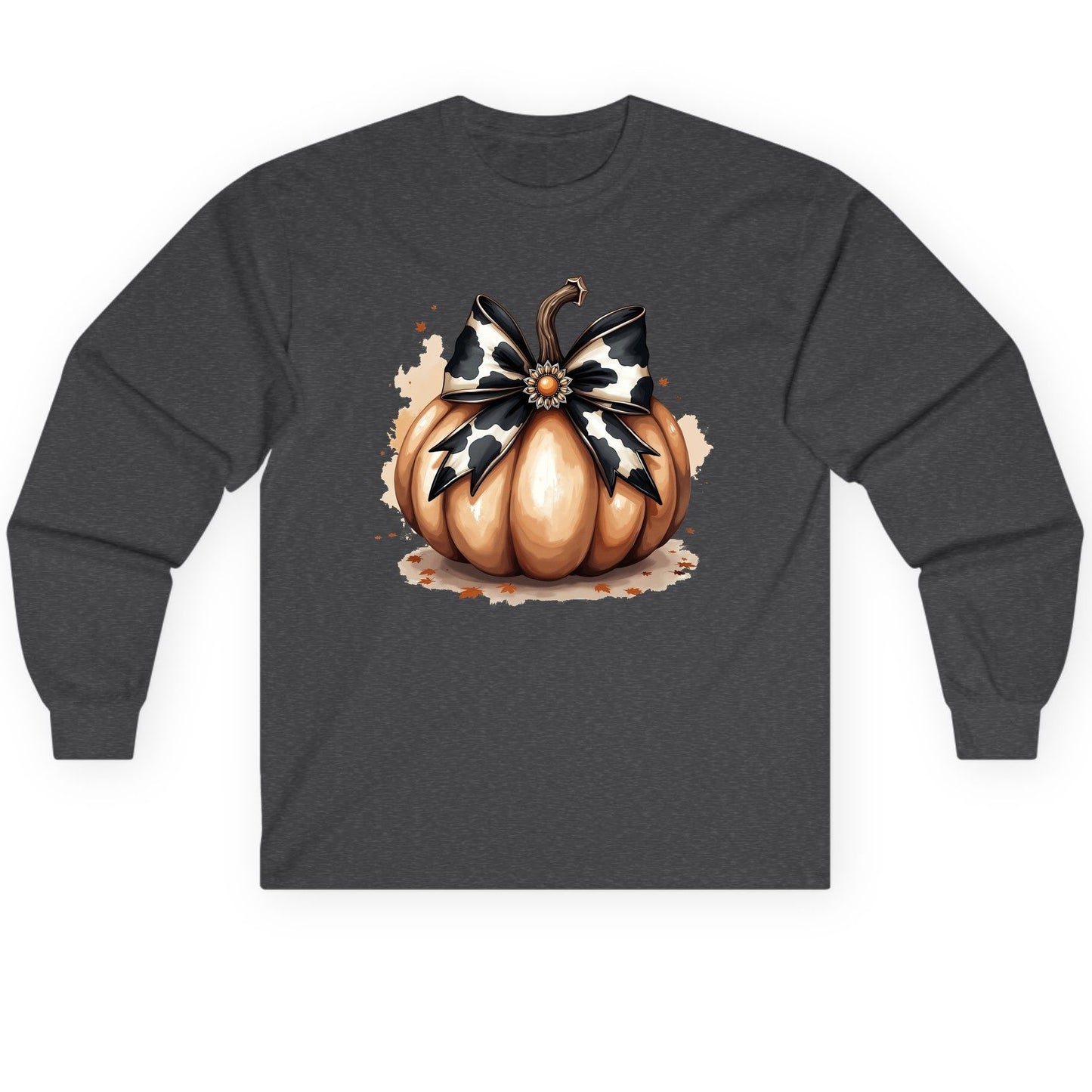 Cow Print Bow Pumpkin pumpkin Long Sleeve Tee Dark Heather product mockup