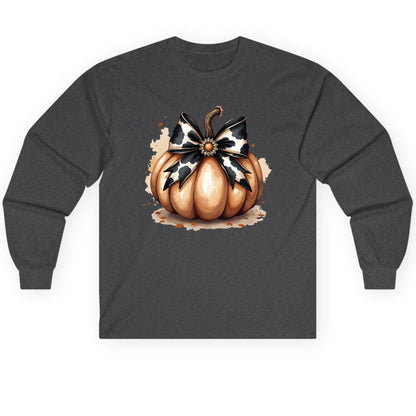 Cow Print Bow Pumpkin pumpkin Long Sleeve Tee Dark Heather product mockup