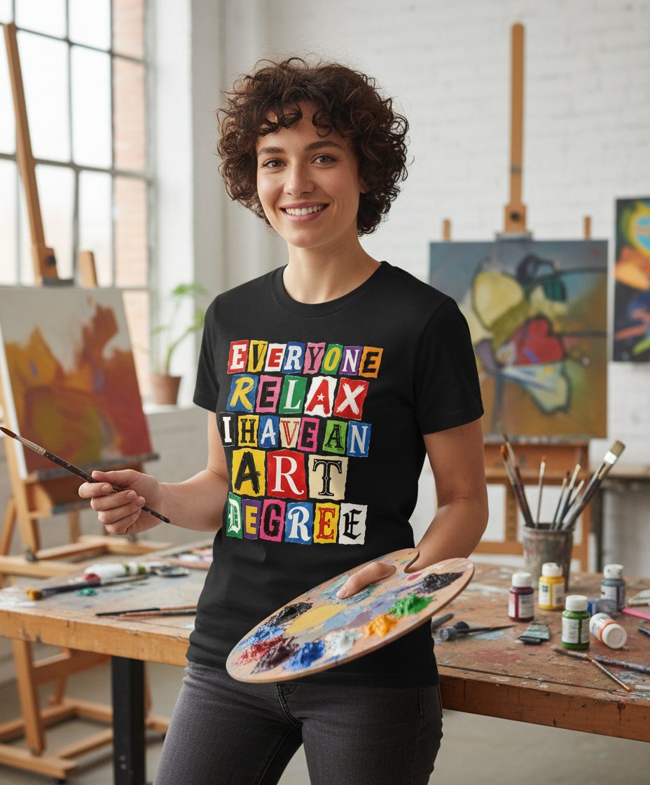 Everyone Relax I Have an Art Degree art degree humor T-Shirt Black lifestyle mockup