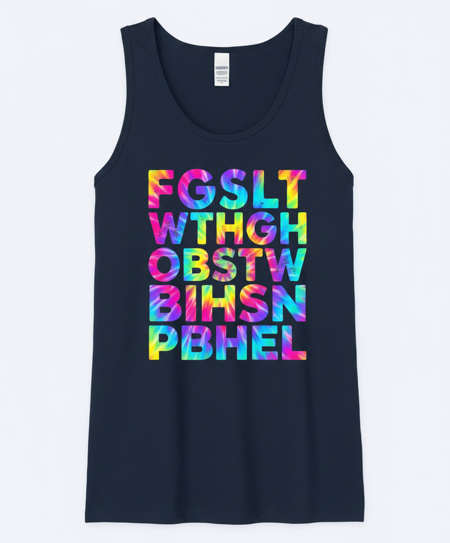 Colorful Tie-Dye Block Letters Tank Top - Navy