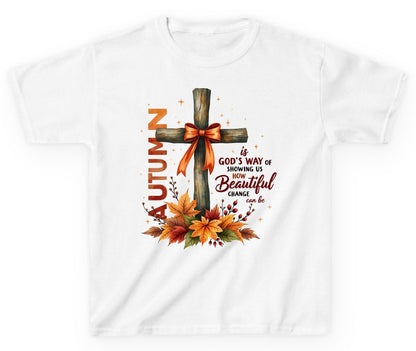 Autumn Is God's Way of Showing US How Beautiful Change Can Be christian autumn Youth T-Shirt White product mockup