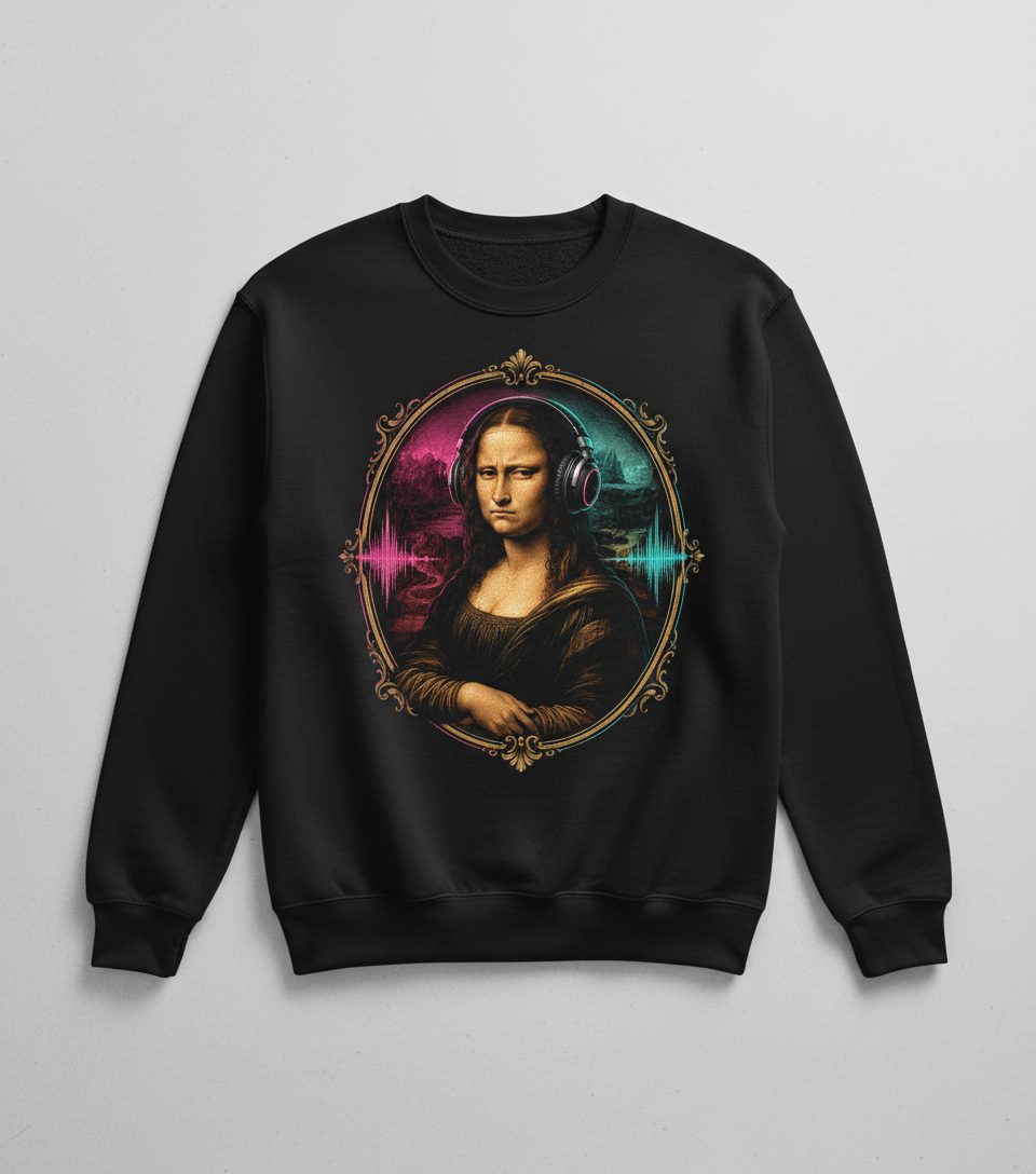 Dj Mona Lisa Art Parody Funny Lovers Sweatshirt - product mockup - Black