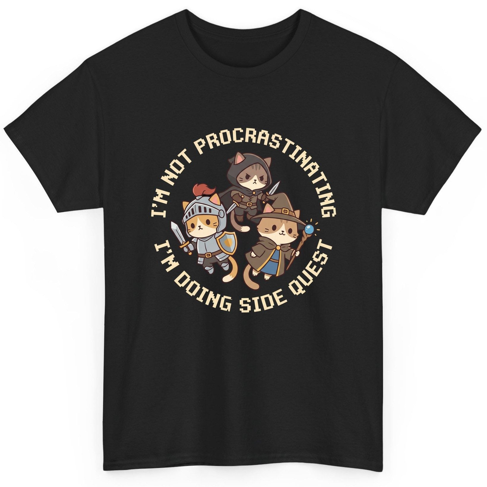 I'm Not Procrastinating I'm Doing Side Quest rpg cats T-Shirt Black product mockup