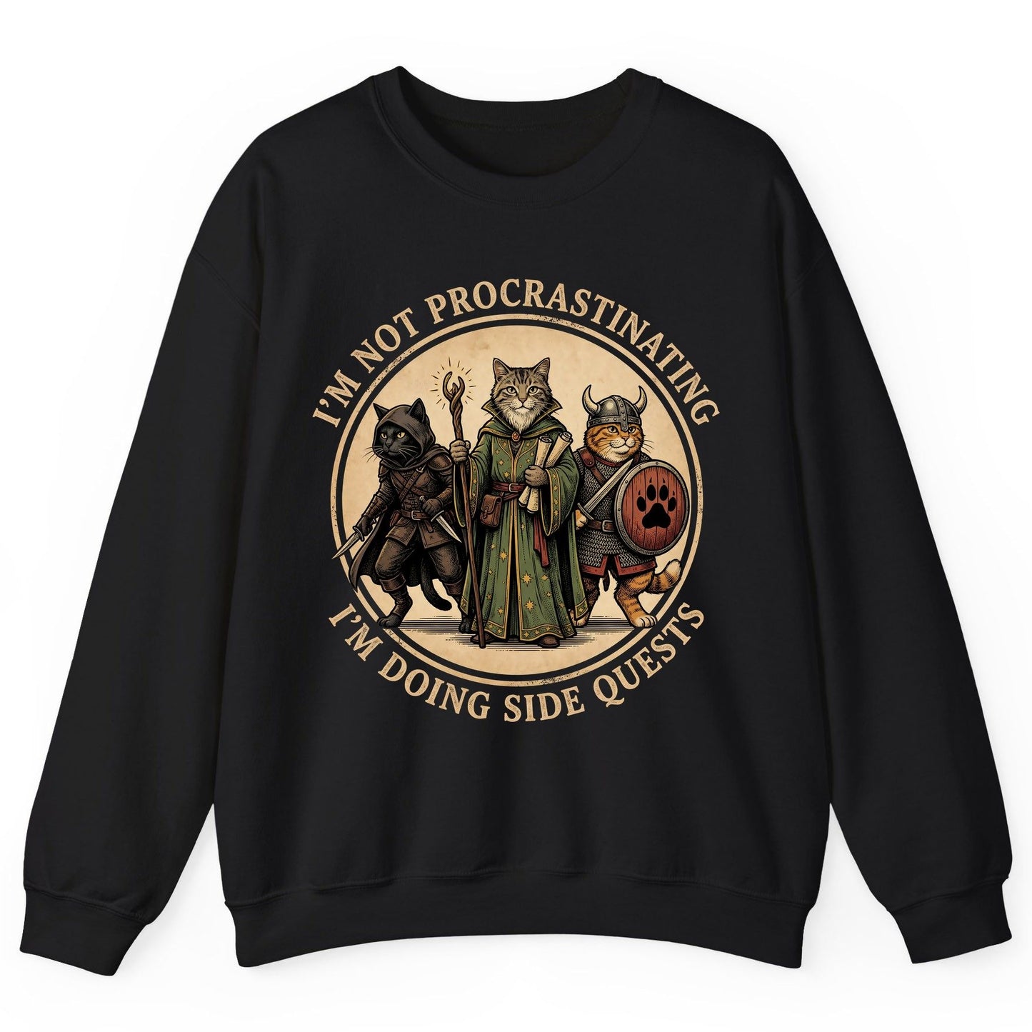 I'm Not Procrastinating I'm Doing Side Quests rpg cats Sweatshirt Black product mockup